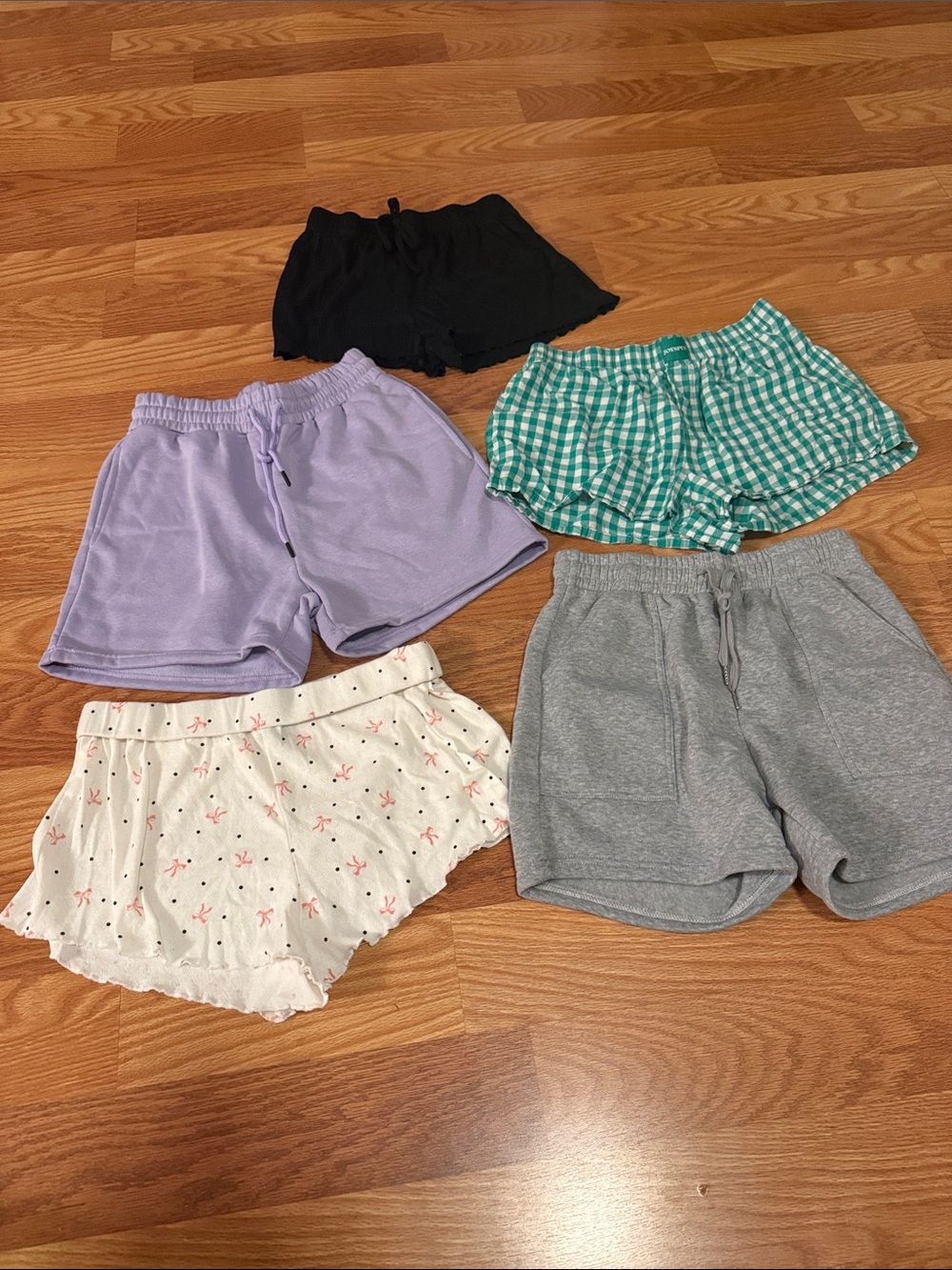 Women Casual Shorts Pack - Black, Lavender, Green Gingham, White Floral, Gray
